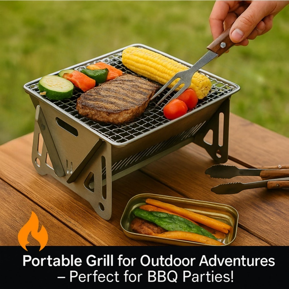 Camping Cooking Set Compact - Portable Charcoal BBQ Grill Foldable Compact