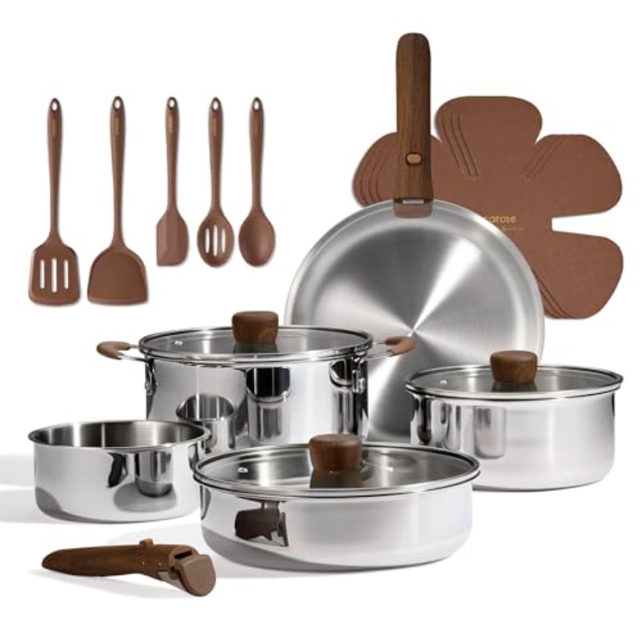 Camping Cooking Pots And Pans Set - 19pcs Stainless Steel Cookware Set with