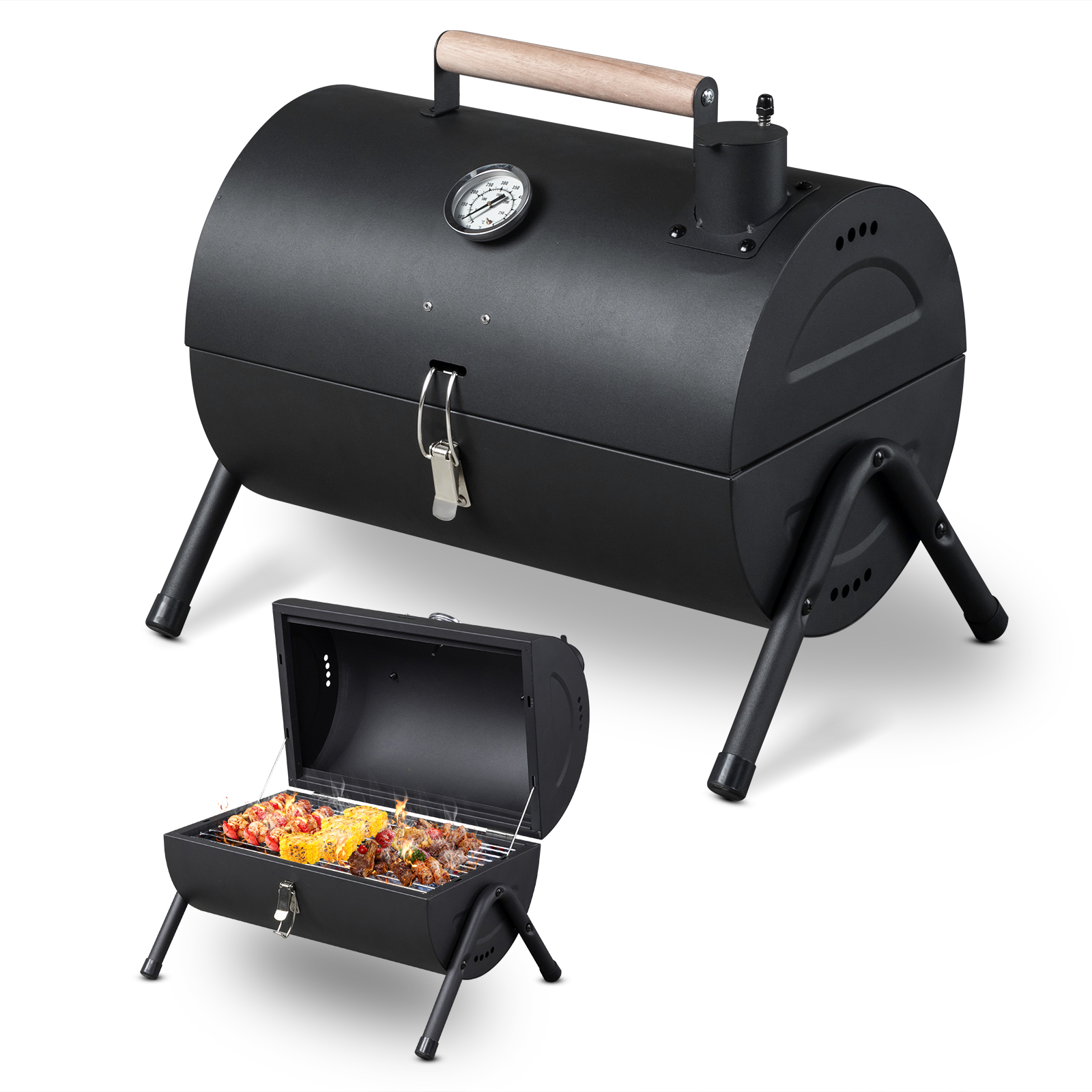 Camping Cooking Set Compact - Portable Charcoal Grill with Thermometer and