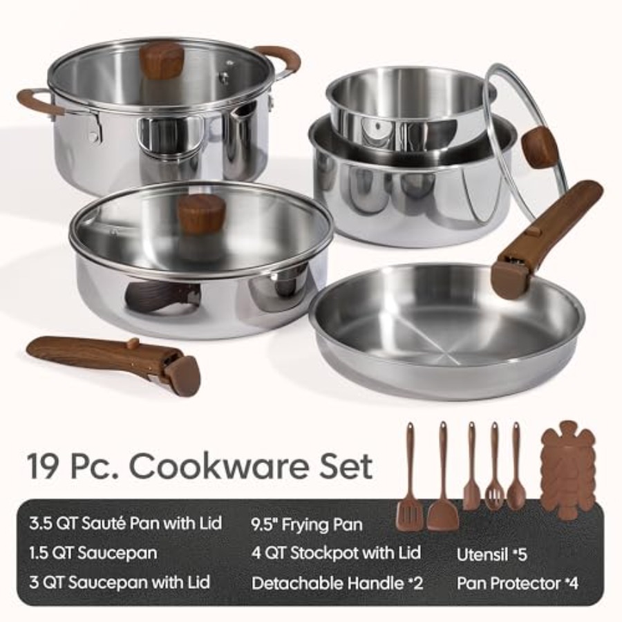19pcs Stainless Steel Cookware - Camping Cooking Pots And Pans Set 评论和价格
