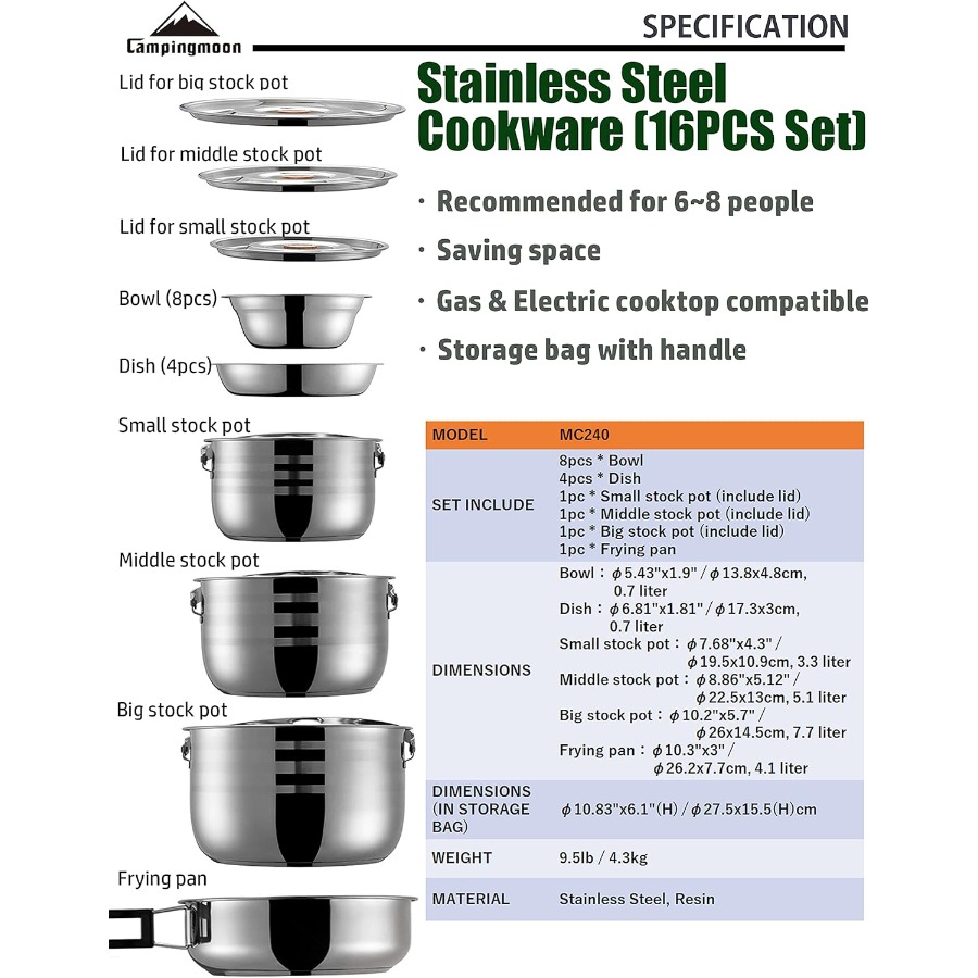 CAMPINGMOON Camping Cookware S - Camping Cooking Pots And Pans Set 评论和价格
